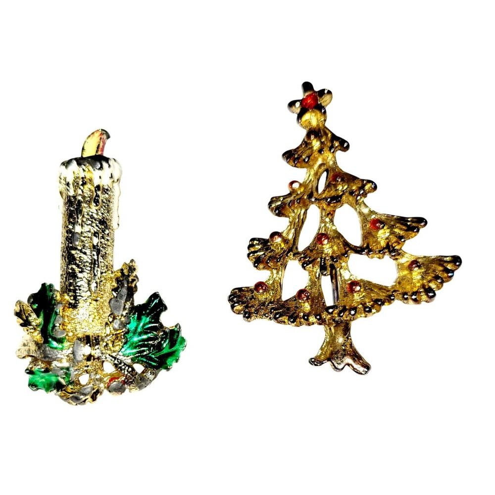 Vintage Gerrys Christmas Candle and Tree Brooch Gold Tone Enamel Holiday Pin